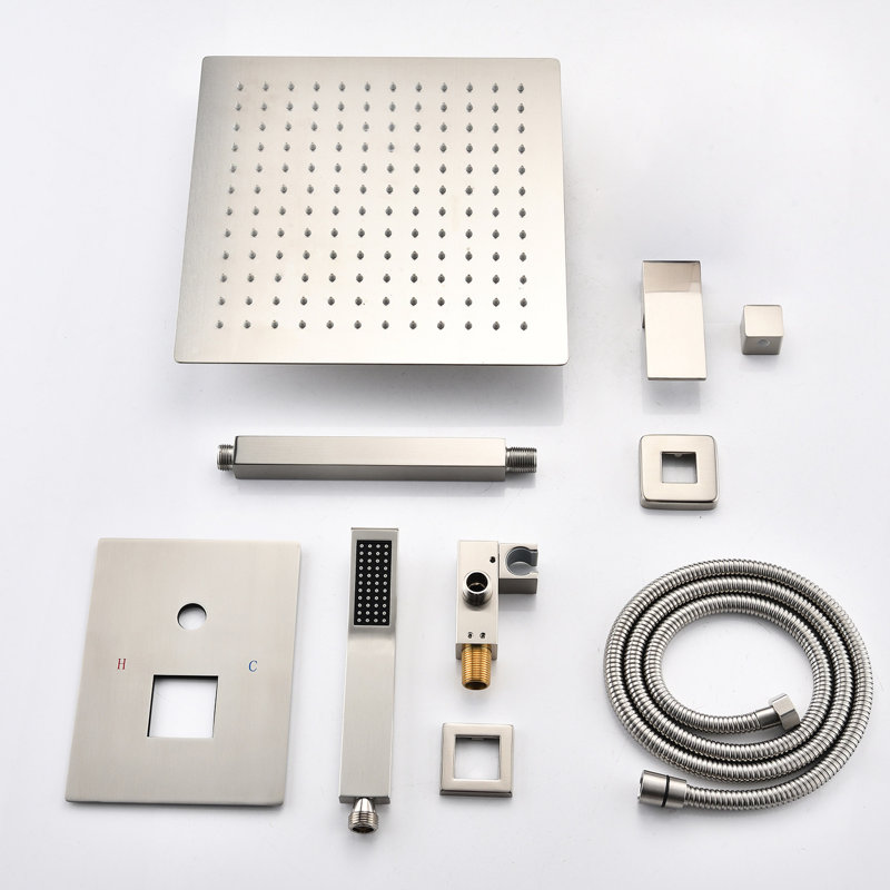 Brushed Nickel Ceiling Mounted Shower Assembly With Handheld And 12" Head - Natural Rainfall Simulation Effect Self-cleaning Nozzle Matches All Standard Arms Complies American Pipe Joints Mixture