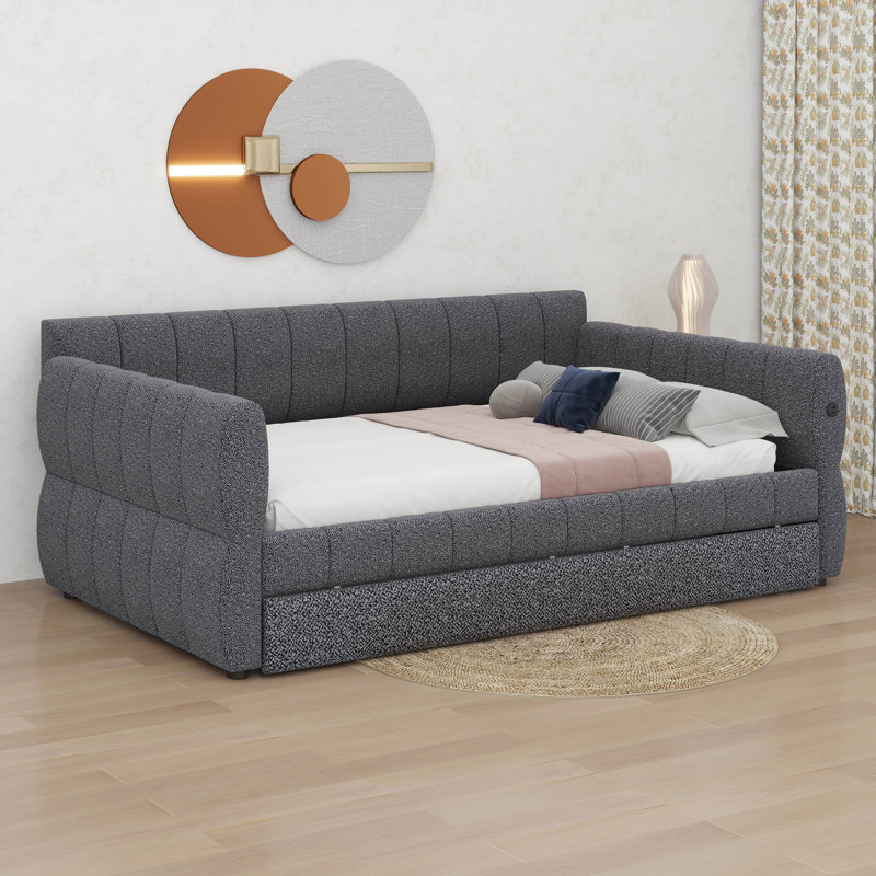Queen Size Upholstered Platform Bed With USB And Trundle Multi-Functional Design, Gray