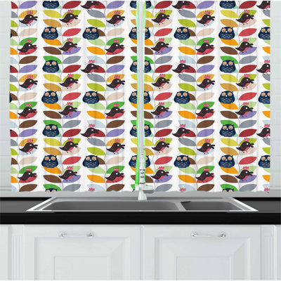 2 Piece forest Friends Pattern Owls and Birds with Crown on Colorful Branch Print Kitchen Curtain Set -  East Urban Home, E0055BF8281C44EDA95AB42C8D08CB7C