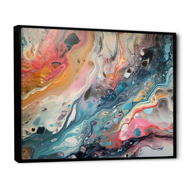 Impression sur toile bleu sarcelle marbré fantaisie II, Cadre flottant noir, H 24 po x l 32 po x P 1 po