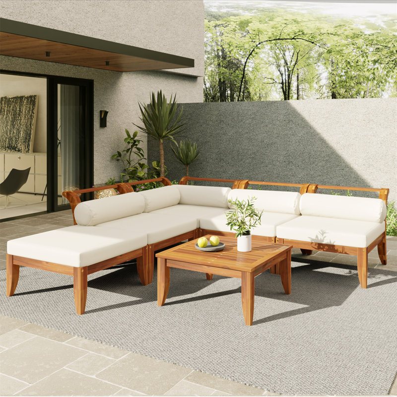 Ensemble de canapé de patio 6 pièces, ensemble de conversation modulaire d'extérieur en bois d'acacia, ensemble de conversation en forme de L, lit de jour convertible avec table à thé, repose-pieds, 5 coussins et coussins, teck et beige