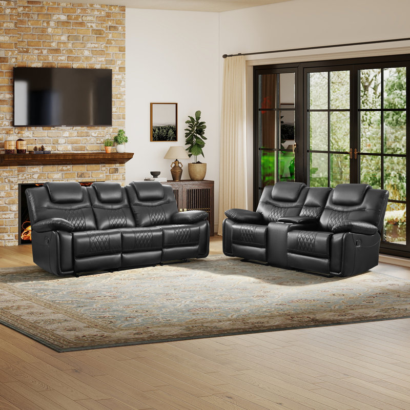 Ensemble de salon 2 pièces en similicuir 2 pièces avec causeuse et fauteuil inclinables, console avec porte-gobelets et rangement