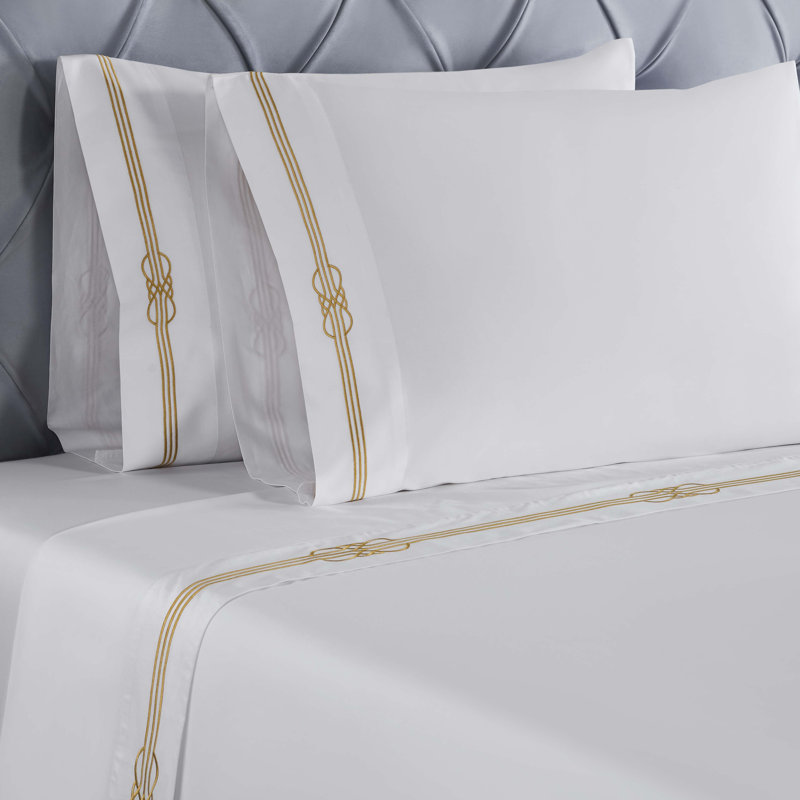 Ensemble de draps en coton brodé Moonlawn, Ensemble de draps pour lit double avec 2 taies d'o, White/Gold