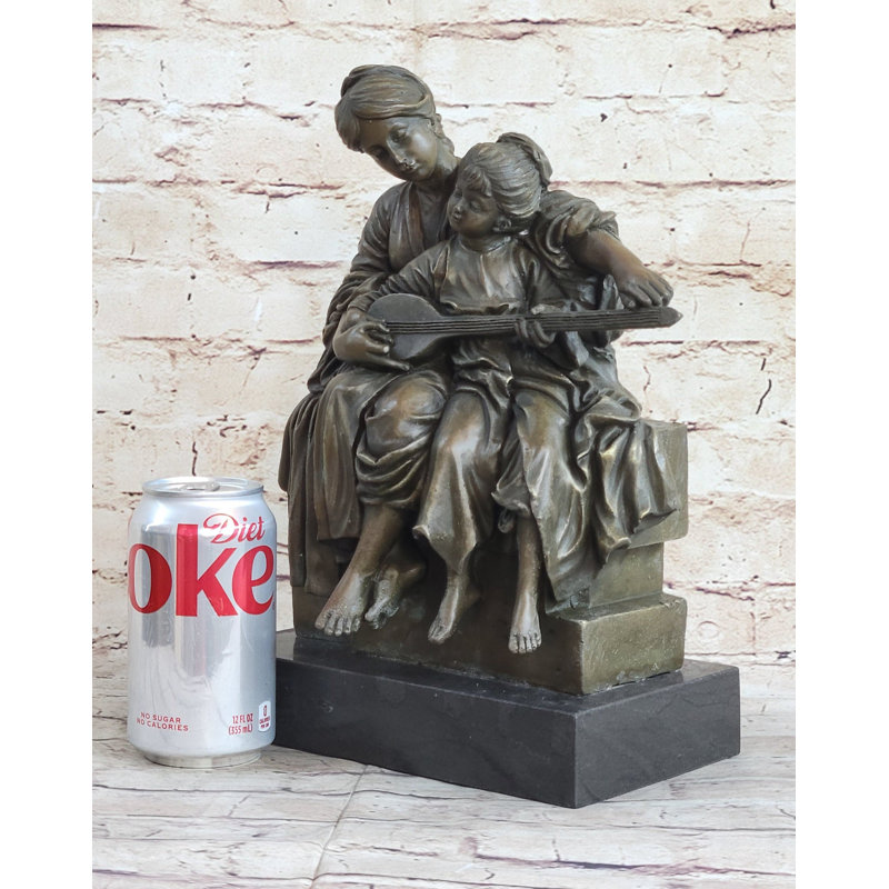 Mother and Playing Music Guitar 100% Solid Bronze Sculpture Figurine Figure Sale