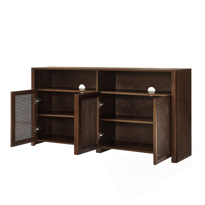 4-Door Rattan  Cabinet With Storage, Retro Coffee Bar Wine Bar Credenza For Living Room/Entryway/Kitchen, Walnut