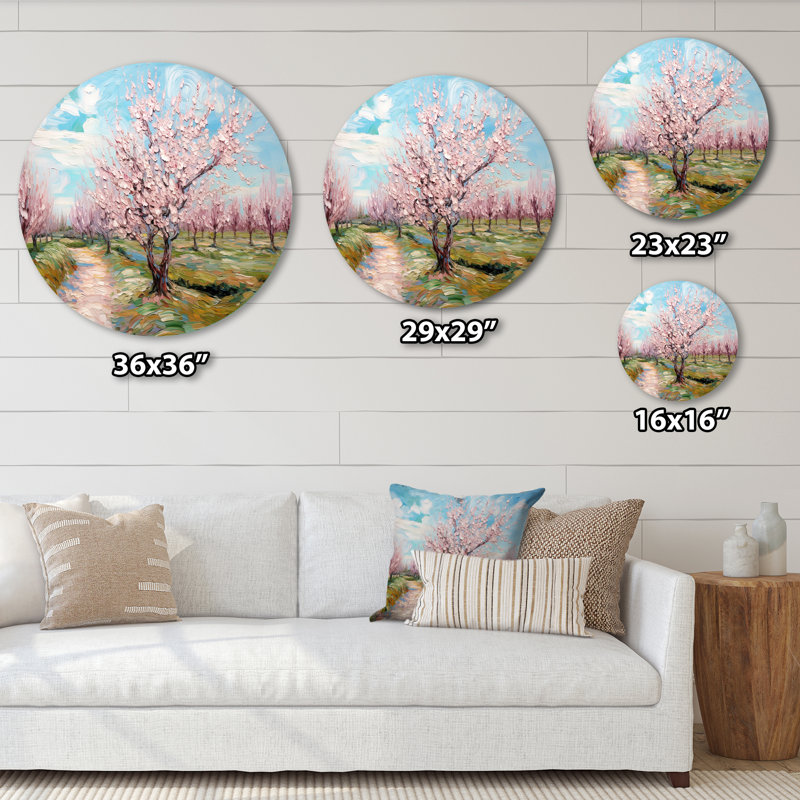 Vangogh, cerisiers en fleurs - paysages d'art rond en métal, H 16 po x l 16 po