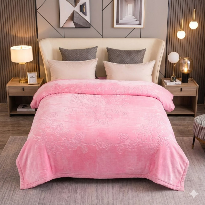 Couverture luxueuse en molleton luxueux rose de très grande taille - Jeté de vison coréen épais et chaud, jeté de lit d'hiver très doux et lourd, motif floral en relief