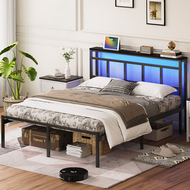 Cadre de lit avec tête de lit, base de lit en métal avec port USB, port Type-C et lumière DEL, Grand lit