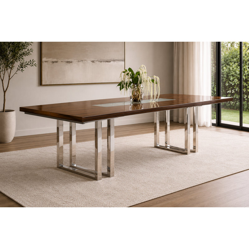 Galway Extendable Walnut Lacquer Dining Table with Glass Insert & Polished Stainless Steel Base