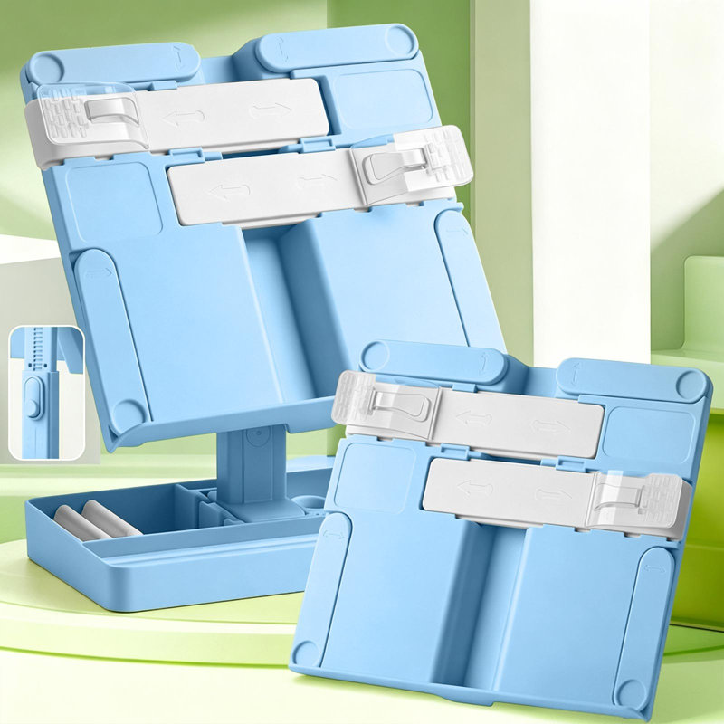 Support de livre réglable en hauteur avec corde de rangement en coton, support de bureau à angles multiples, support de lecture portable avec base de rangement pour enfants et étudiants.