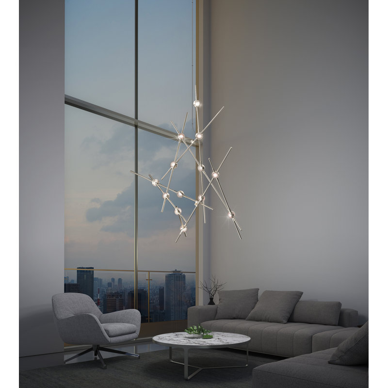 Constellation 13 - Light Dimmable LED Sputnik Modern Linear Chandelier, White, Satin Nickel, 3000K