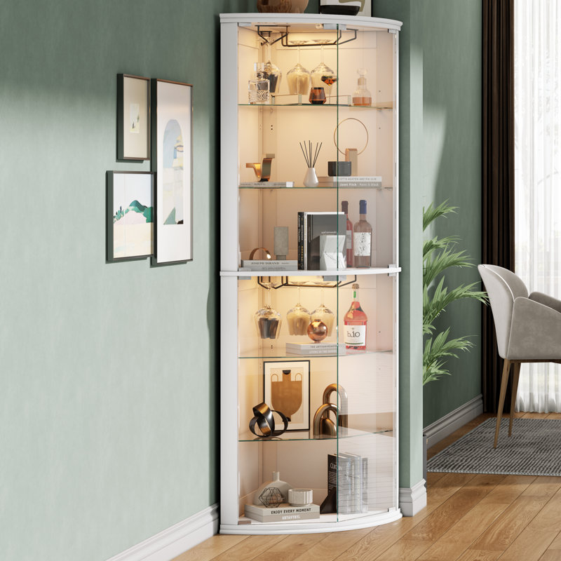 Corner Bar Cabinet With LED Lights, 6-Tier Wine Cabinet With Glass Door & Glass Holder, 70" Tall Liquor Cabinet With Adjustable Shelves For Dining Room, Living Room
