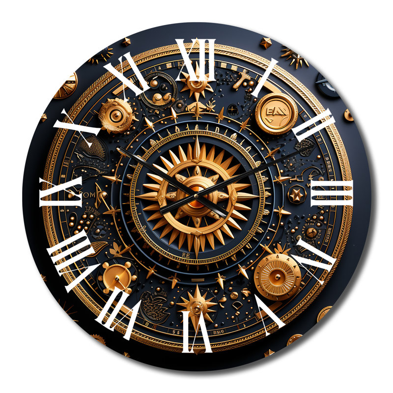 Horloge murale antique en forme de boussole géométrique en métal doré et bleu, Moyenne