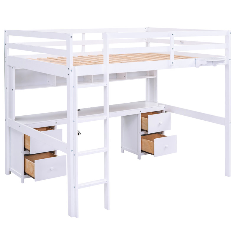 Lit mezzanine blanc avec bureau, tiroirs et station de charge, White