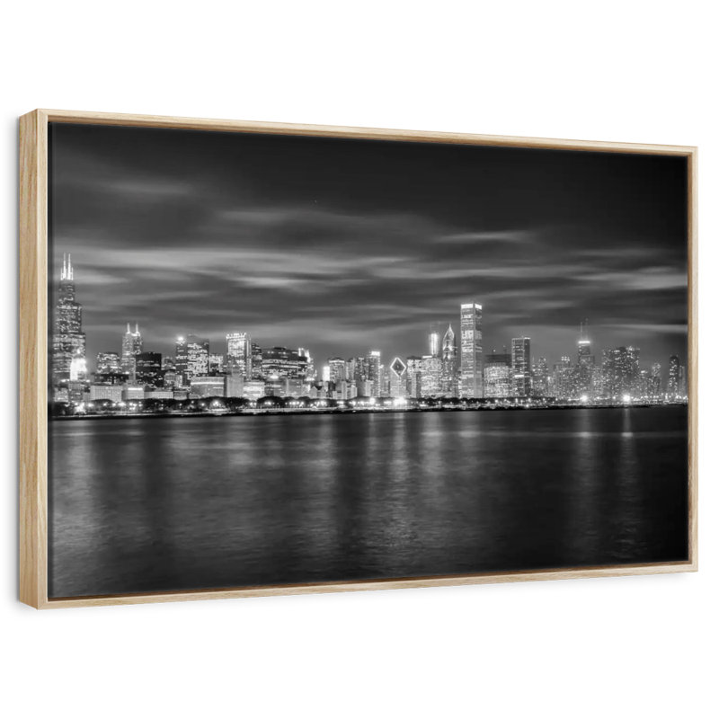 Chicago City - monochrome, 19 po x 13 po, Cadre flottant en bois naturel