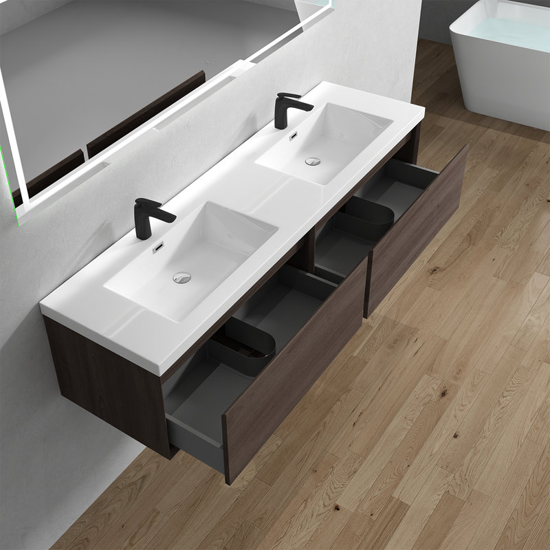 Dafi 70.8" W x 19.6" D x 17.7" H Wall-Mounted Double Bathroom Vanity, Dark Oak