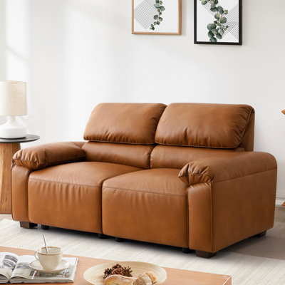 Canapé moderne en similicuir de 173 cm de large, 2 places, avec coussins moelleux et accoudoirs arrondis, mobilier de salon capitonné couleur caramel brun