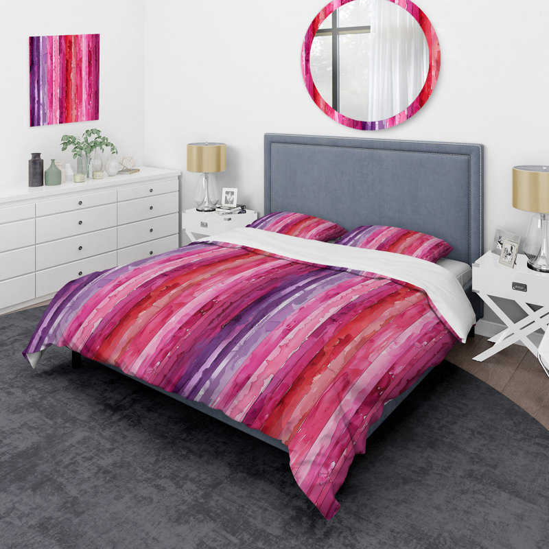 Pink Purple Stripe Glam II - Transitional Duvet Cover Set, King Duvet Cover + 2 King Shams