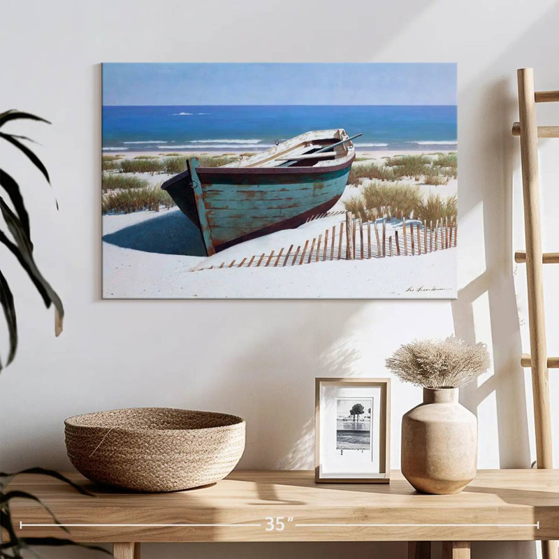 Mehar, bateau bleu sur la plage, H 16 po x l 24 po