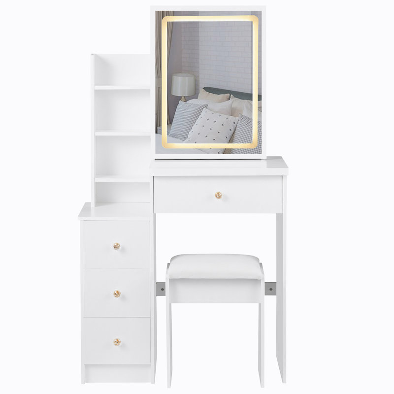 Ray Cabinet Vanity Table with Padded Stool, White