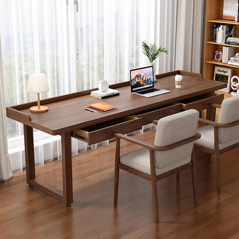 Bureau d'écriture rectangulaire à 3 tiroirs en bois massif de couleur châtaignier clair, H 29,53 po x l 86,61 po x P 31,5 po