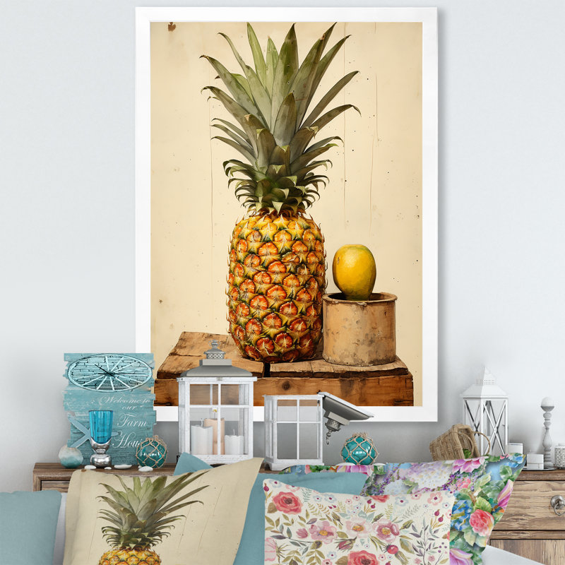Ananas vert et jaune - Ananas, art mural, Cadre flottant blanc, H 32 po x l 24 po x P 1 po