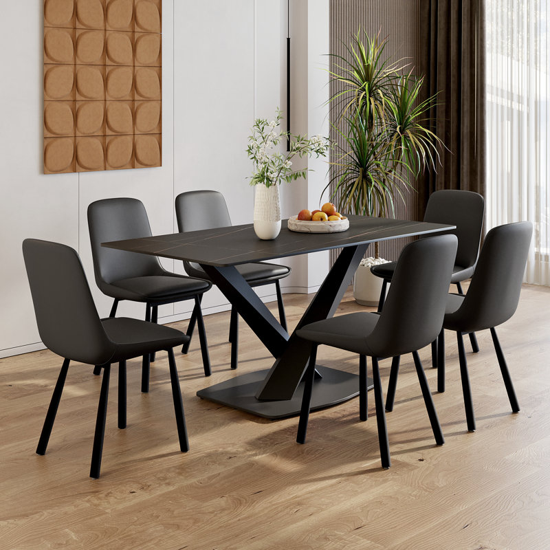 Juvan 7-Piece Modern Rectangular Marble Dining Table Set With 6 Faux Leather Chairs, Black, Black