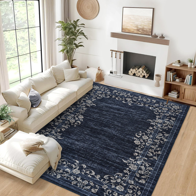 Machine Washable Non-Slip Rugs for Living Room Border Floral Vintage Distress Print Carpet Indoor Non-Shedding Rugs for Living Room Dining Room