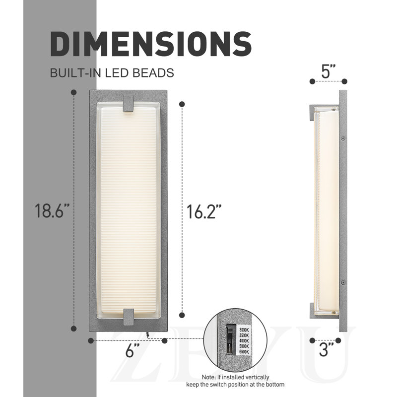 Applique murale encastrée à intensité variable avec interrupteur 5 couleurs 1550 lumens, Gris, H 18,60 po x l 6 po x P 5 po