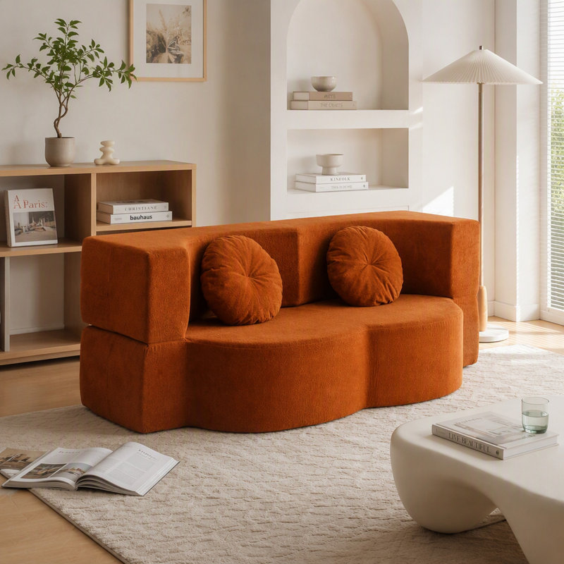 Canapé-lit pliant deux places avec matelas en mousse et oreiller, orange, pour salon, chambre d'amis, bureau ou appartement. Aucun assemblage requis.