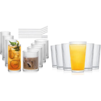 Ensemble de 14 verres à côtes - 4 verres à gin (12 oz), 4 verres à whisky (14 oz) et 6 verres à gin à rayures (16 oz) - Verres à cocktail élégants pour le café, le whisky, le jus et les fêtes
