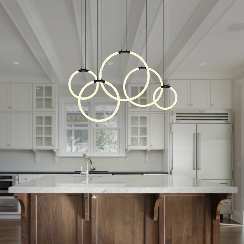 44'' Modern 5-Light LED Chandelier in Black – Contemporary Ring Pendant Light for Foyer, Stairwell, or Dining Room – Integrated LED, No Bulb Required