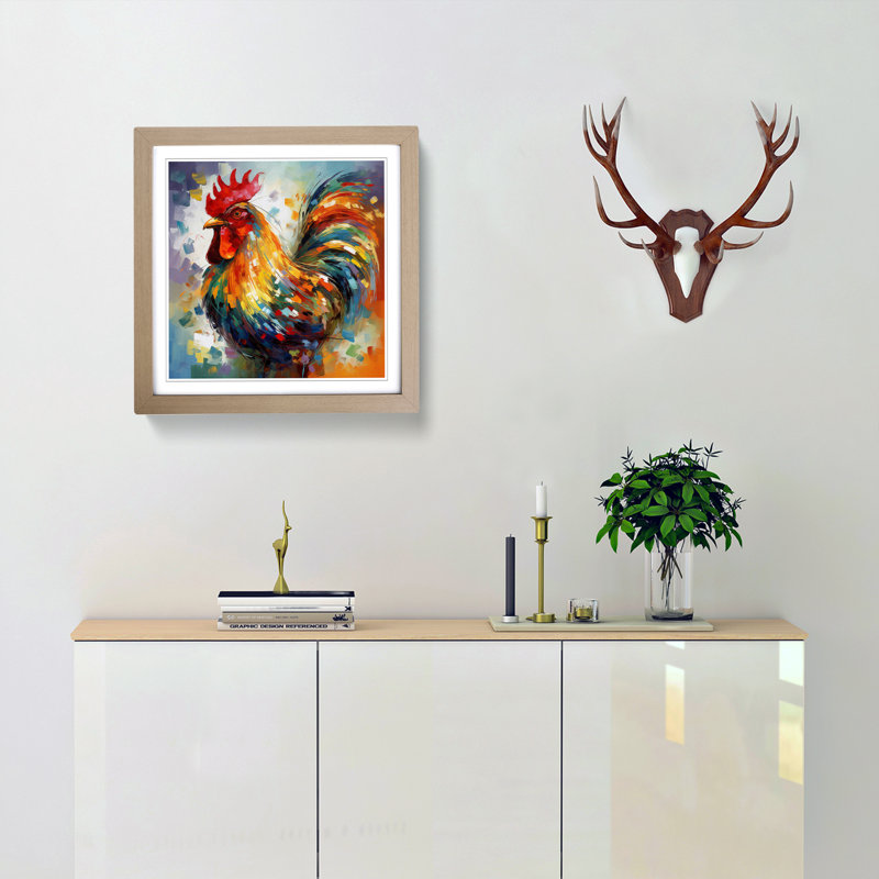 Rooster Abstract Expressionism - Framed Print, Oak