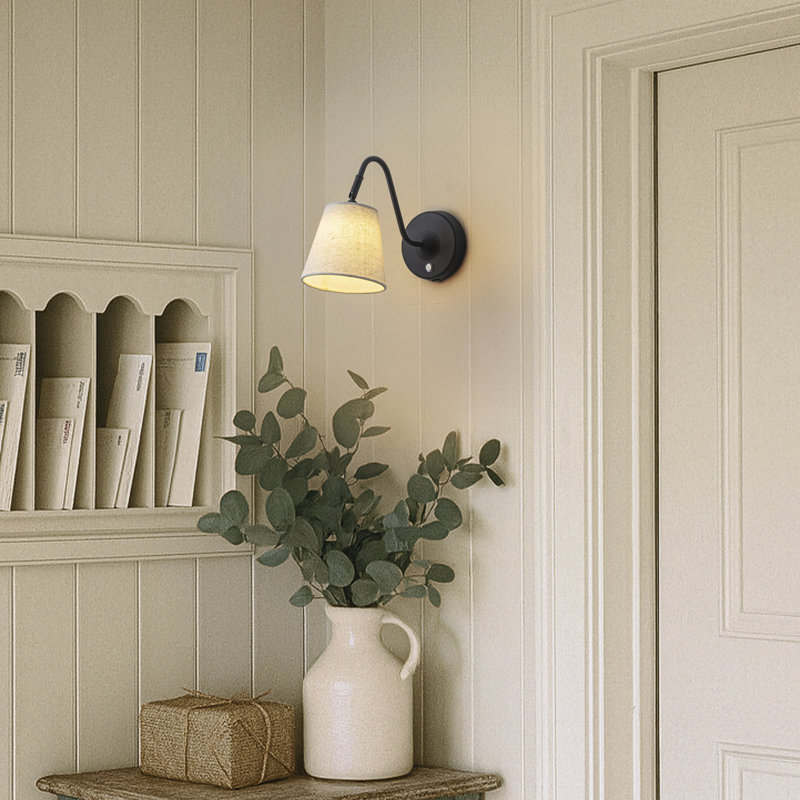 1-light W6" Mid-century Matte Black Battery Operated Wall Sconces With Beige Fabric Shade Dimmable Integrated Led Rechargeable Cordless Swing Head Wall Lamp