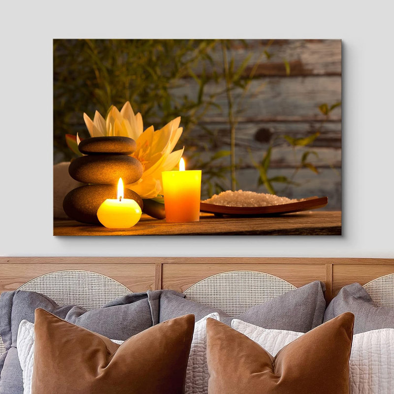 Wood Panel Meditation Spax Candle Massage Stones Nature Wilderness On Canvas Print, 12" H x 18" W, Wrapped Canvas