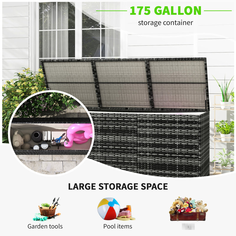 Pe Outdoor Box - 175 Gallon With Inner Liner Fits Patio, Pool , Garden Tools Grey Deck For Storage
