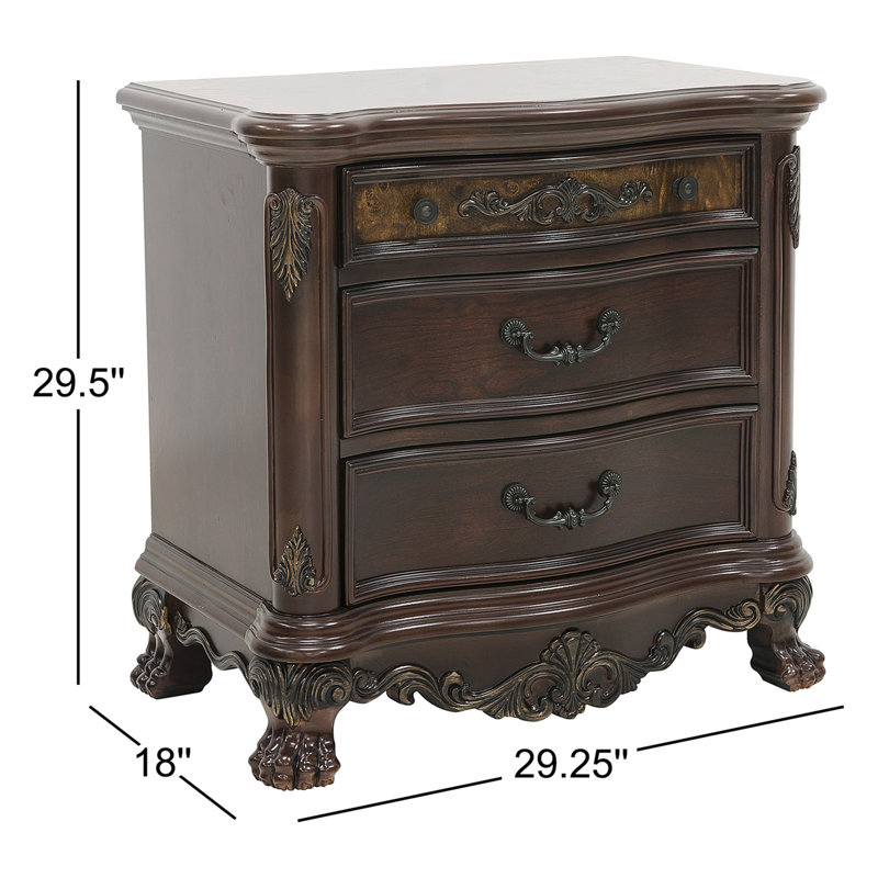 Ceja 29.75'' Nightstand with 3 Drawers in Cherry Finish with Gold Tipping