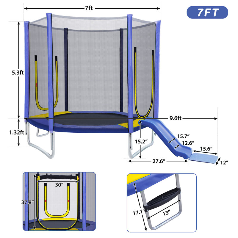 7FT Trampoline For Kids With Safety Enclosure Net, Slide And Ladder, Easy Assembly Round Outdoor Recreational Trampoline