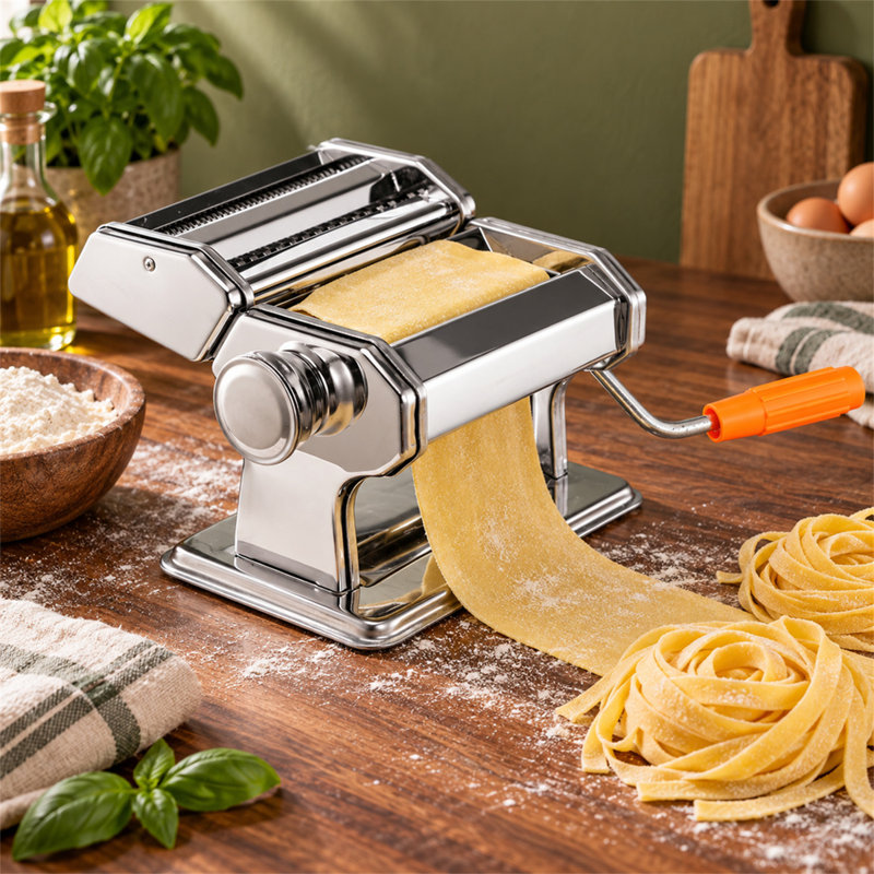 Manual Stainless Steel Pasta Roller Machine, 9 Thickness Levels & 2 Cutting Widths Hand Crank Noodle Maker for Spaghetti, Fettuccine, Lasagne & Ravioli