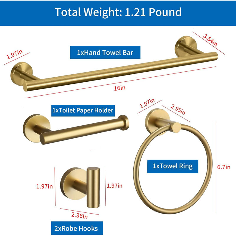 5-Piece Bathroom Hardware Set - Stainless Steel Wall Mounted Towel Bar, Toilet Paper Holder, Towel Ring And Hooks - Modern Durable Bathroom Accessories