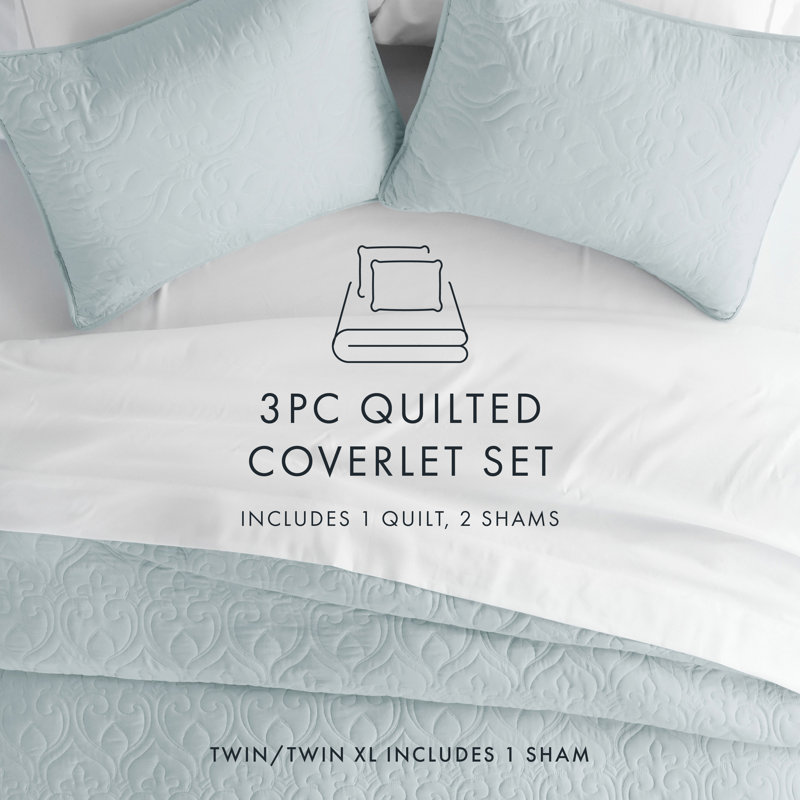 Pale Blue Full Microfiber Damask Quilt Set