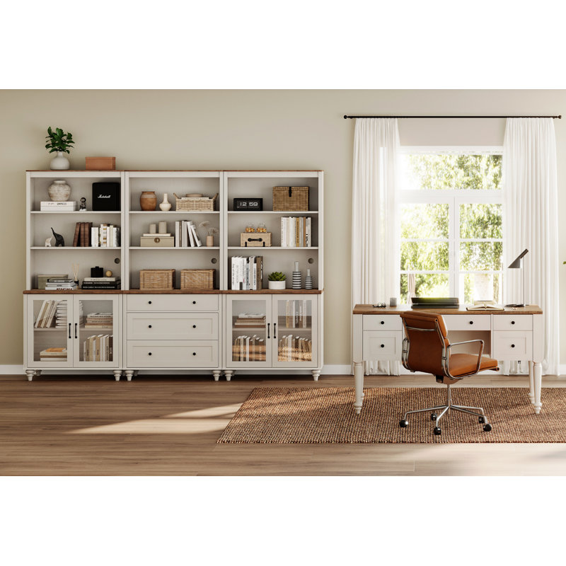 Ensemble de bureau 2 pièces, bureau double 56 po, bibliothèques avec 3 tiroirs et 2 armoires en verre, blanc