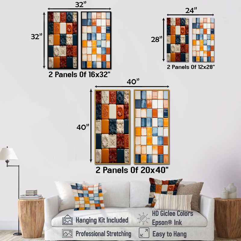 «Earth Tones Color Palette Tiles II», ensemble de 2 impressions sur toile abstraites, Cadre flottant blanc, H 28 po x l 25 po