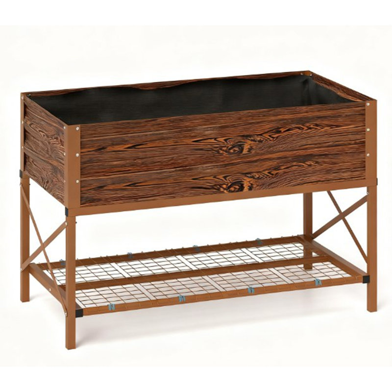 Gardening Bed,Metal Planter Box,Galvanized Raised Garden Bed,with Legs,Storage Shelf and Bed Liner, Dark Brown
