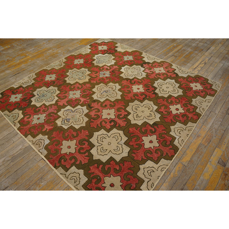 Antique American Hooked Rug America Geometric Hand-Woven
