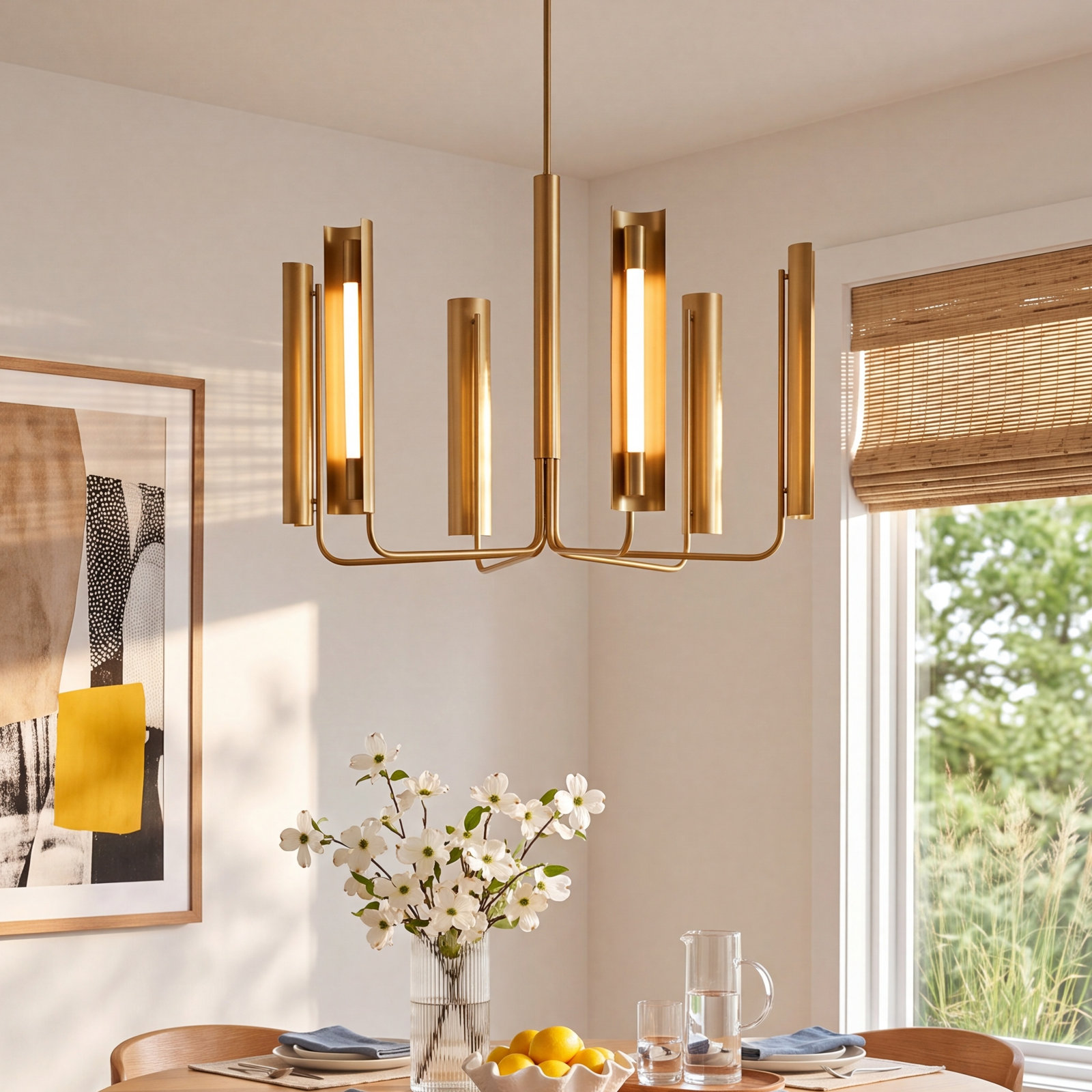 6 - Light Dimmable LED Chandelier, Burnished Brass