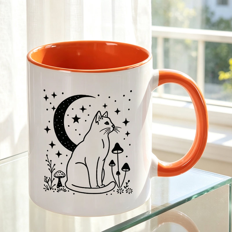 1pc Mystical Moon Cat DesignStarry Sky & Mushroom Illustration  Insulated Reusable Coffee Cup Ceramic Coffee Mug Holiday Gift Halloween.