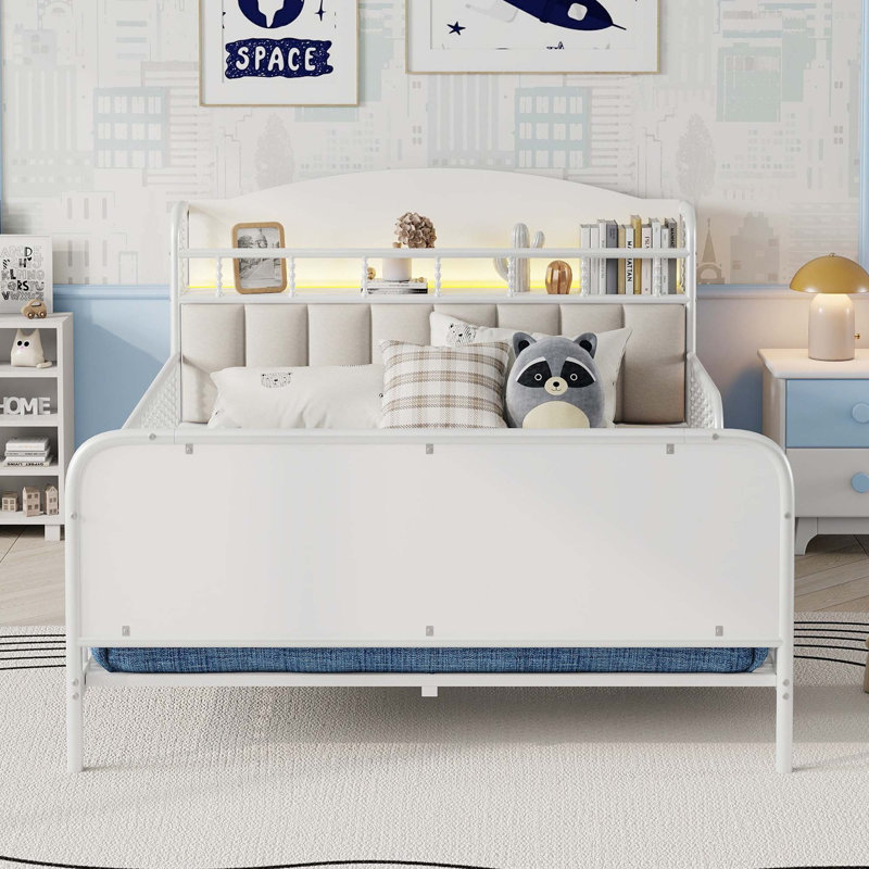Structure de lit plateforme en métal avec lumière, Complète , Blanc