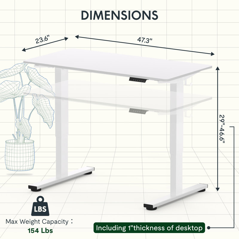 Bureau de travail debout à hauteur ajustable ergonomique avec crochets, H 46,5 po x l 47,3 po x P 23,6 po, Blanc