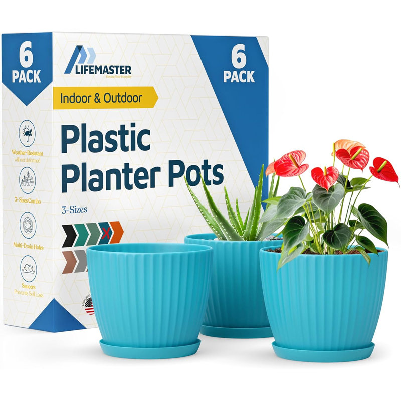 Blue 6-Inch Plant Pots with Drainage & Saucers 6 Pack, Indoor & Outdoor Planters for Houseplants, Herbs, and Flowers, Durable & Weatherproof Material, Stackable, Lightweight, Minimalist Design